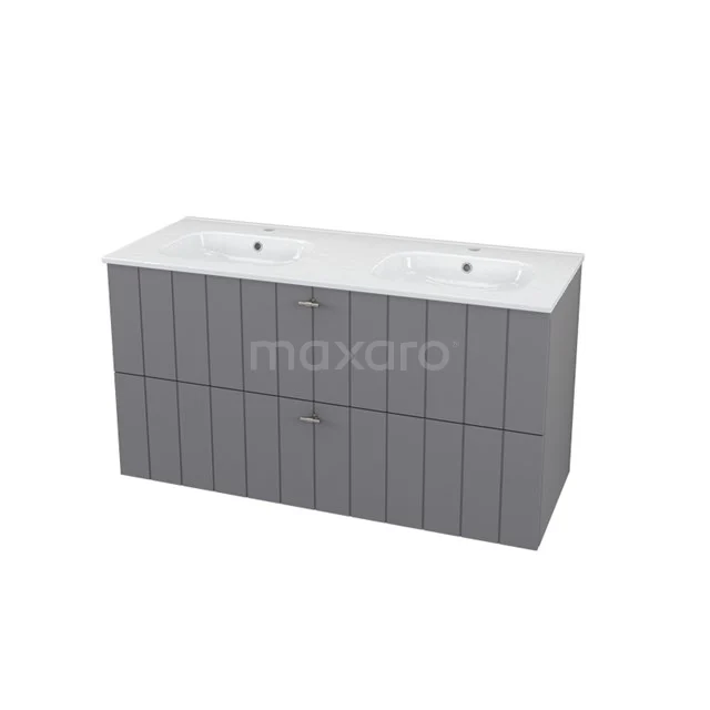 Modulo+ Vanity units with basin | 120 cm Basalt Slat front Ceramic 2 Stacked drawers BMP000699 Grey bathroom furniture set with double basin, modern vertical stripes and soft-close drawers, ideal for stylish bathrooms.
