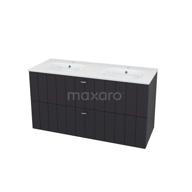 Double basin black bathroom cabinet with white basin, modern rib structure and smooth surface, ideal for a contemporary bathroom.