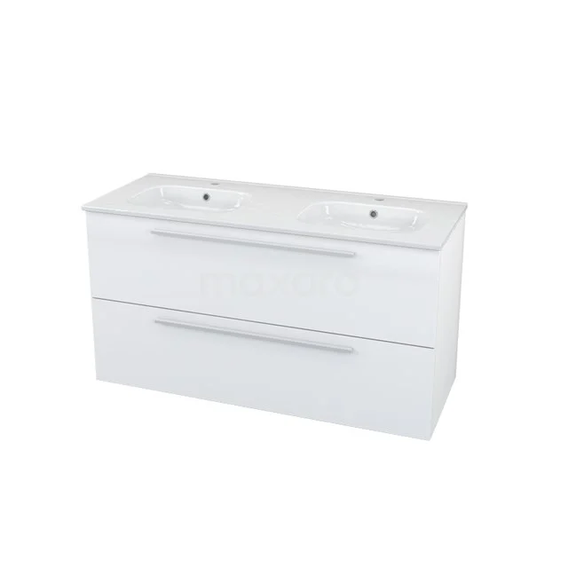 White Bathroom unit with double basin, sleek design and integrated drawers for extra storage space, ideal for modern bathrooms.