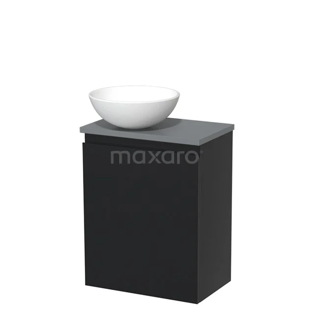 WC-Möbel mit Aufsatzwaschbecken | 41 cm Matt Schwarz grifflose Front Matt Weiß Keramik-Aufsatzwaschbecken Mittelgrau Platte TMK10-03450 Schwarzer Badschrank mit mattem grauen Oberteil und einem weißen Aufsatzwaschbecken, modernes und kompaktes Design für kleine Bäder.