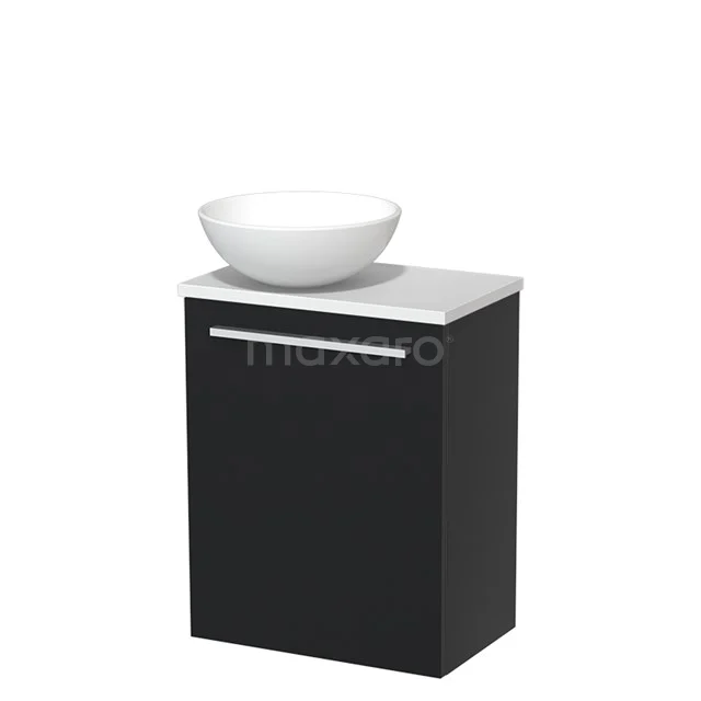 Schwarzer Badschrank mit weißem keramischen Aufsatzwaschbecken, modernes Design, ideal für kompakte Badezimmer.