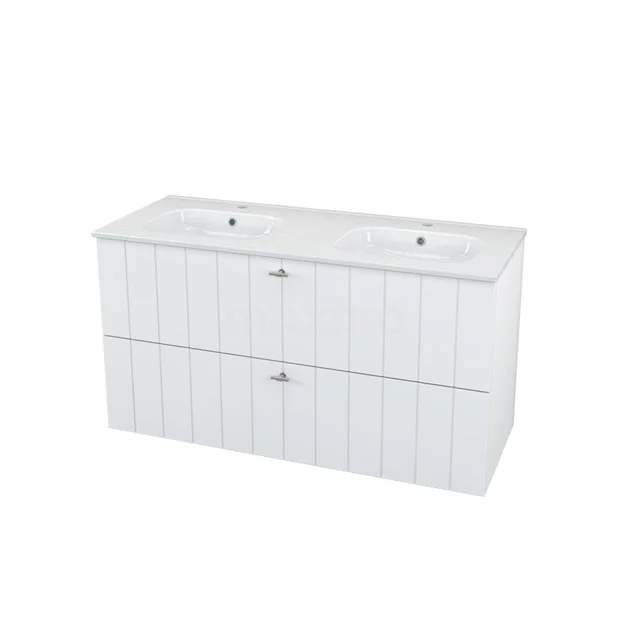 Weißes Badezimmermöbel mit Doppelwaschbecken, modernem Rippendesign und zwei geräumigen Schubladen, ideal für ein stilvolles Badezimmer.