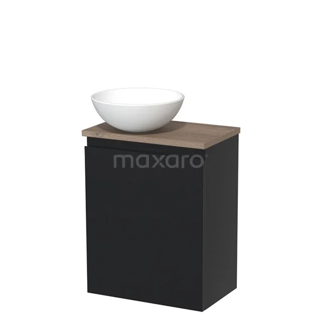 Schwarze Badmöbelset mit Holzlook Platte und rundem weißen Aufsatzwaschbecken, ideal für einen modernen Badezimmerstil.