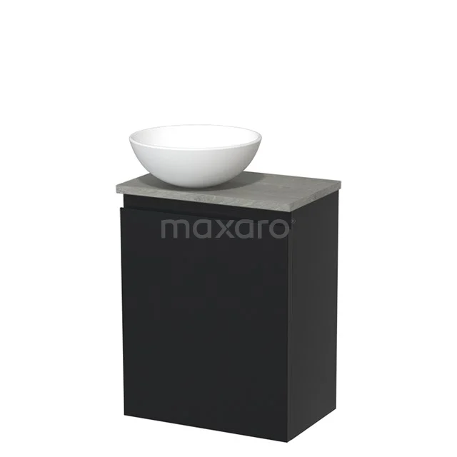 WC-Möbel mit Aufsatzwaschbecken | 41 cm Matt Schwarz Grifflose Front Matt Weiß Keramik-Aufsatzwaschbecken Graue Eiche TMK10-03490 Schwarzer Badschrank mit Betongrau Platte und weißem keramischen Waschbecken, kompaktes Design ideal für moderne Bäder.