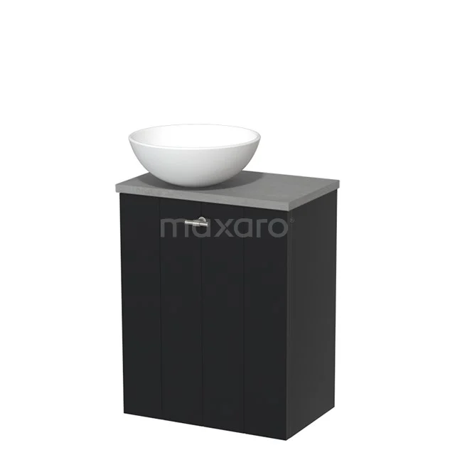 WC-Möbel mit Aufsatzwaschbecken | 41 cm Matt Schwarz Lamellenfront Matt Weiß Keramik-Aufsatzwaschbecken Hellgrauer Beton Platte TMK10-03492 Schwarzer Badschrank mit grauem Oberteil und runder weißer Waschbecken, modernes Design aus der Elegance-Serie.