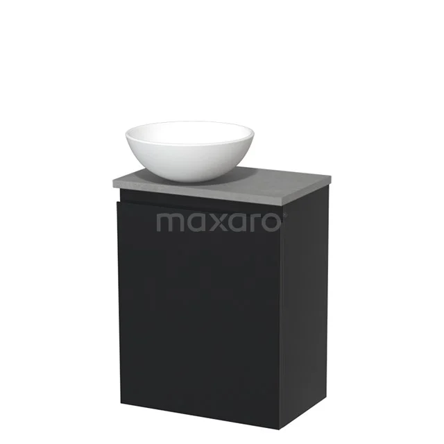 Schwarzer Badschrank mit grauer Oberseite und weißem runden Aufsatzwaschbecken, modernes Design, ideal für stilvollen Badezimmerraum.