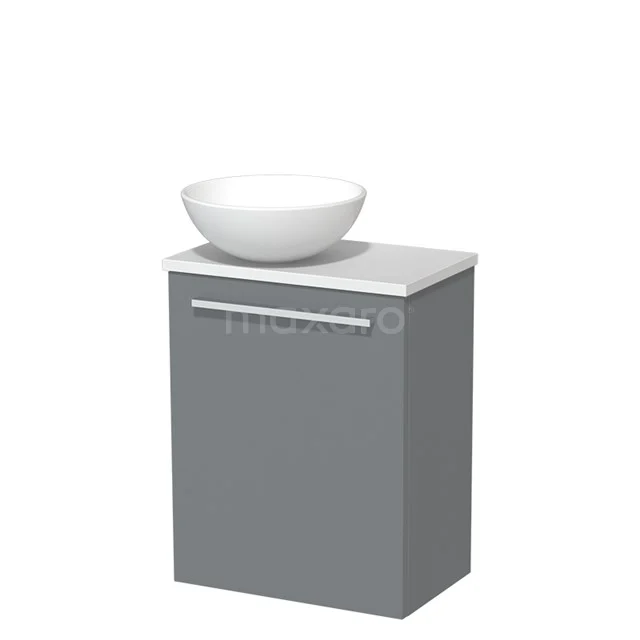 WC-Möbel mit Aufsatzwaschbecken | 41 cm Mittelgrau Glatte Front Matt Weiß Keramik Aufsatzwaschbecken Matt Weiß Platte TMK10-03507 Grauer Badschrank mit weißem rundes Waschbecken, minimalistisches Design, ideal für kompakte Badezimmerlagerung.