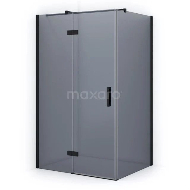 Black shower enclosure with frosted glass and hinged door, sleek design, ideal for a modern bathroom.