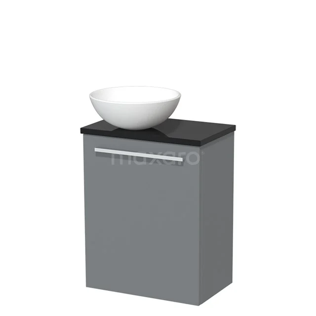 Grey bathroom cabinet with matte black basin worktop and white basin worktop, ideal for modern bathrooms.