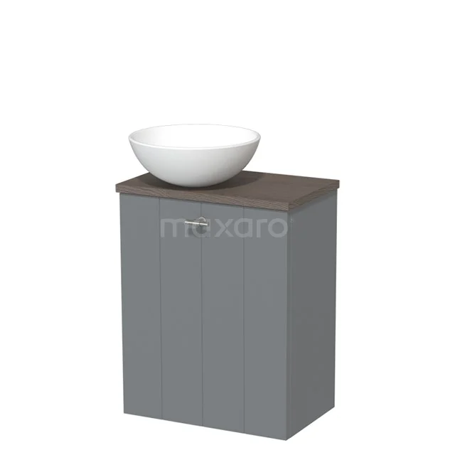 Grauer Badschrank mit Holzlook Platte und weißem Aufsatzwaschbecken, kompaktes Design ideal für moderne Bäder.