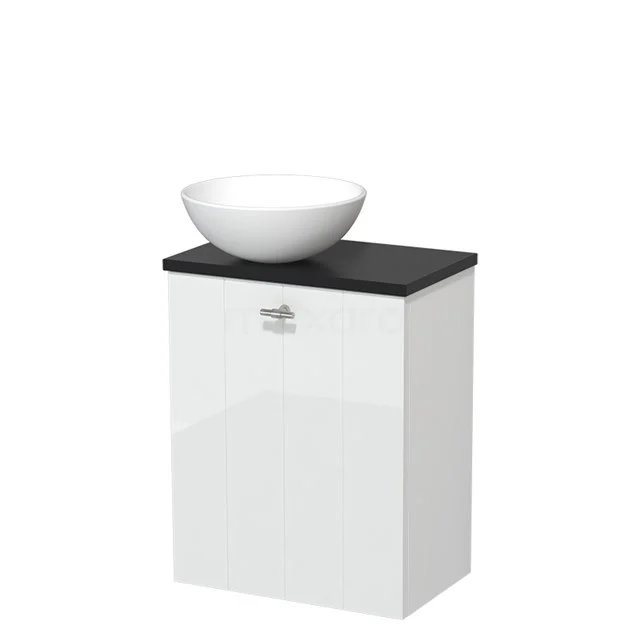 Toilet unit with wash basin | 41 cm High-gloss white Lamel front Matte white Ceramic wash basin Matte black worktop TMK10-03552