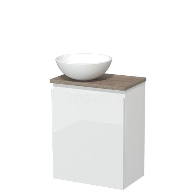 WC-Möbel mit Aufsatzwaschbecken | 41 cm Hochglanz Weiß Grifflose Front Matt Weiß Keramik Aufsatzwaschbecken Eiche Platte TMK10-03573 Weißes Badezimmermöbel mit eckiger Form, Holzplatte und rundem Aufsatzwaschbecken, ideal für moderne Badezimmerdekoration.