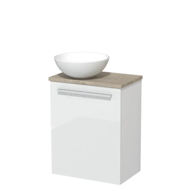 Toilet unit with countertop wash basin | 41 cm High-gloss white Flat front Matte white Ceramic basin Light grey oak worktop TMK10-03575