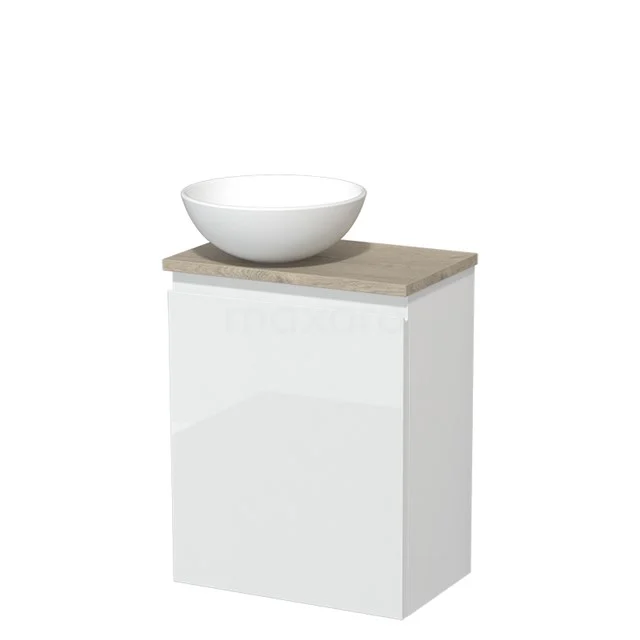 Toilet unit with countertop wash basin | 41 cm High-gloss white Handleless front Matte white Ceramic basin Light grey oak worktop TMK10-03577