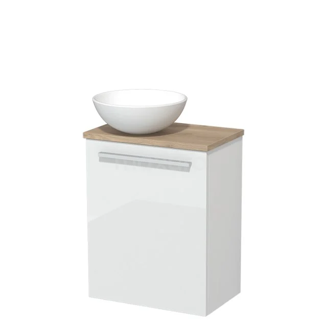 Toilet unit with countertop wash basin | 41 cm High-gloss white Flat front Matte white Ceramic basin Light brown oak worktop TMK10-03579