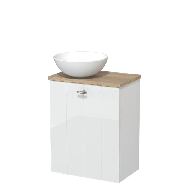 Weißer Badschrank mit Holzoptik Platte und rundem weißen Waschbecken, kompaktes Design für moderne Badezimmer Einrichtung.