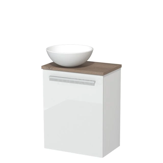 Toilet unit with wash basin | 41 cm High-gloss white Flat front Matte white Ceramic countertop wash basin Mid brown oak worktop TMK10-03583
