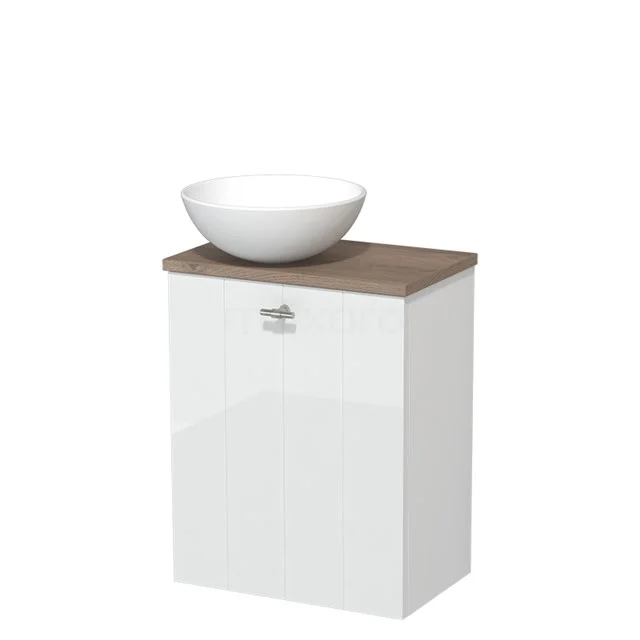 Toiletmeubel met waskom | 41 cm Hoogglans wit Lamel front Mat wit Keramiek waskom Middenbruin eiken blad TMK10-03584