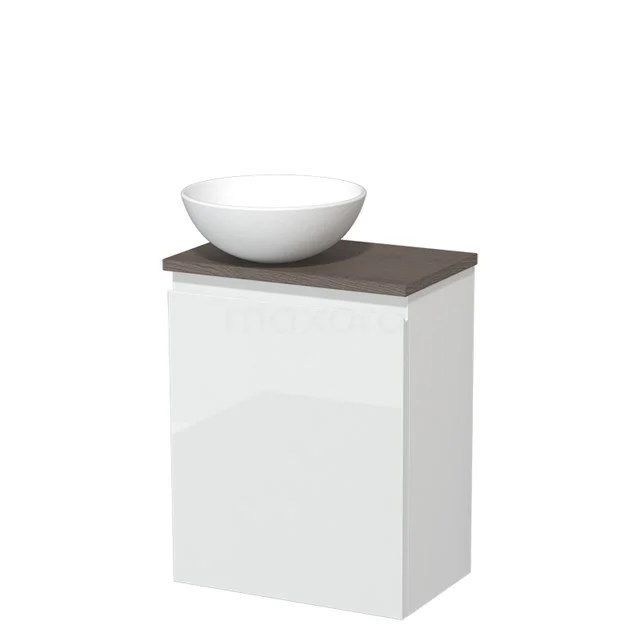 Toilet unit with countertop wash basin | 41 cm High-gloss white Handleless front Matte white Ceramic basin Dark brown oak worktop TMK10-03590