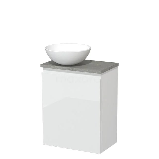 Weißes Badezimmermöbel mit grauer Oberfläche und keramischem Aufsatzwaschbecken, modernes Design, ideal für kompakte Bäder.