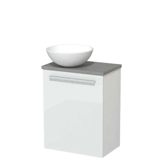 Weißes Badezimmermöbel mit grauer Oberseite, rundem Waschbecken, modernem Design und Edelstahl Griff, ideal für ein stilvolles Badezimmer.