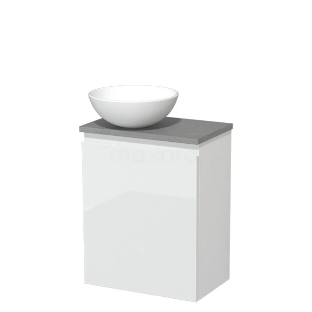 Weißer Badschrank mit grauer Platte und rundem Aufsatzwaschbecken, modernes und platzsparendes Design für kleinere Bäder.