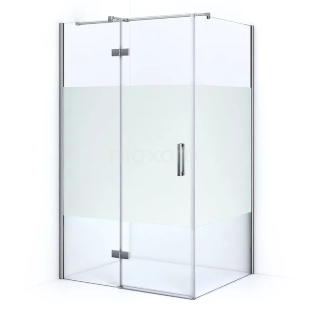 Glass corner shower cabin with silver profiles, sleek design and sliding door, ideal for a modern bathroom.