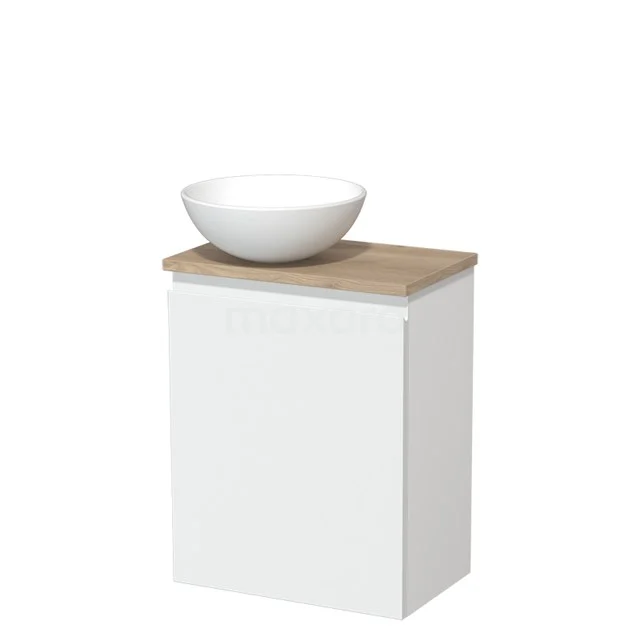 WC-Möbel mit Aufsatzwaschbecken | 41 cm Matt Weiß Grifflose Front Matt Weiß Keramik-Aufsatzwaschbecken Hellbraune Eiche Platte TMK10-03633 Weißes Badmöbel mit Holzlook Platte und rundem Waschbecken, ideal für einen modernen Badezimmerstil.