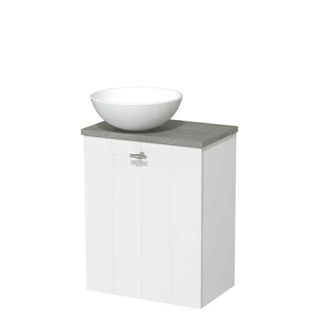 Weißes Badezimmermöbel mit grauem Tischplatte und rundem weißen Aufsatzwaschbecken, modernes und kompaktes Design, ideal für kleine Bäder.