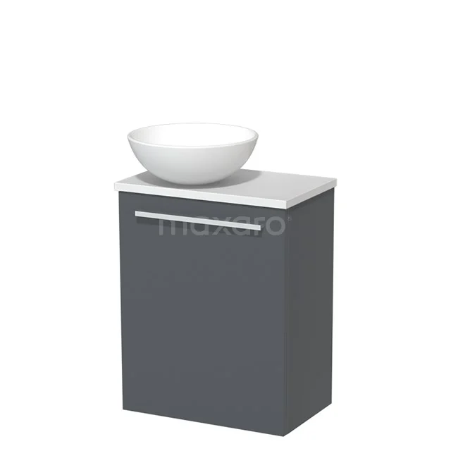 Graues Badezimmermöbel mit weißer Waschbecken, kompaktes Design, ideal für moderne Bäder.