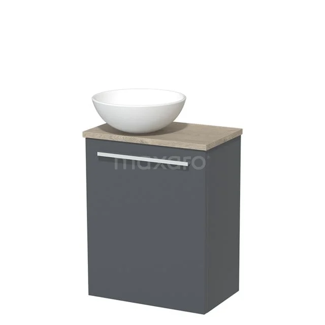 Grauer Badschrank mit Holzplatte, weißem runden Aufsatzwaschbecken und verchromtem Haltegriff; modernes und kompaktes Design.