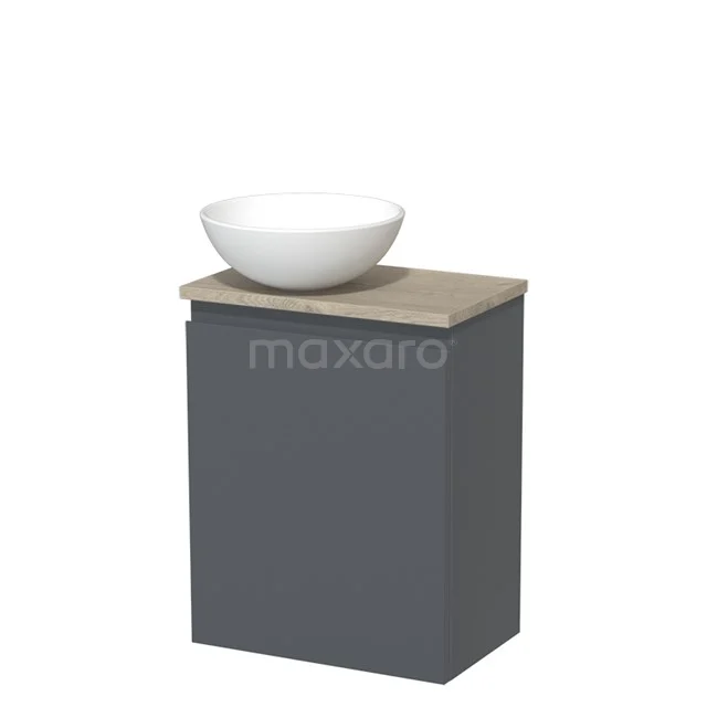 Grauer Badschrank mit Holzplatte und weißem Aufsatzwaschbecken, geeignet für moderne Bäder.