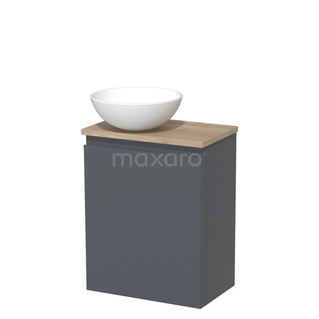 WC-Möbel mit Aufsatzwaschbecken | 41 cm Dunkelgrau Grifflose Front Matt Weiß Keramik-Aufsatzwaschbecken Hellbraune Eiche TMK10-03685 Dunkler Badschrank mit Holzplatte und rundem weißen Waschbecken, ideal für moderne Badezimmergestaltung.
