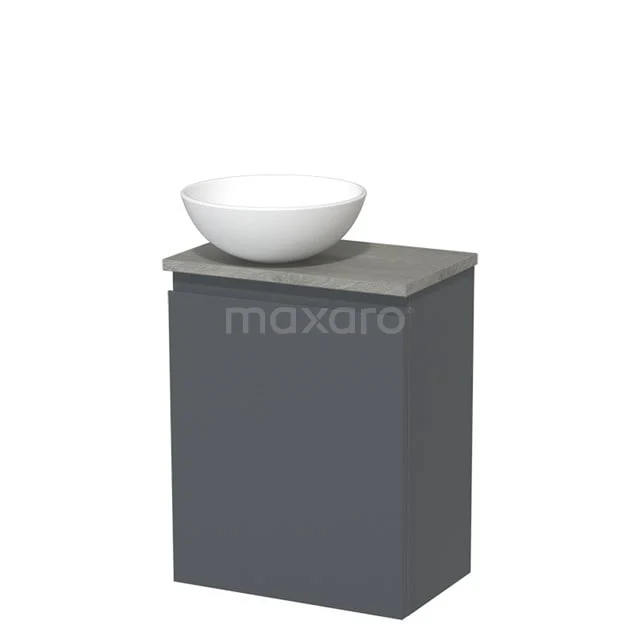 Grauer Badschrank mit einem modernen weißen Aufsatzwaschbecken, mattem Finish und kompaktem Design, ideal für stilvolle Badezimmer.