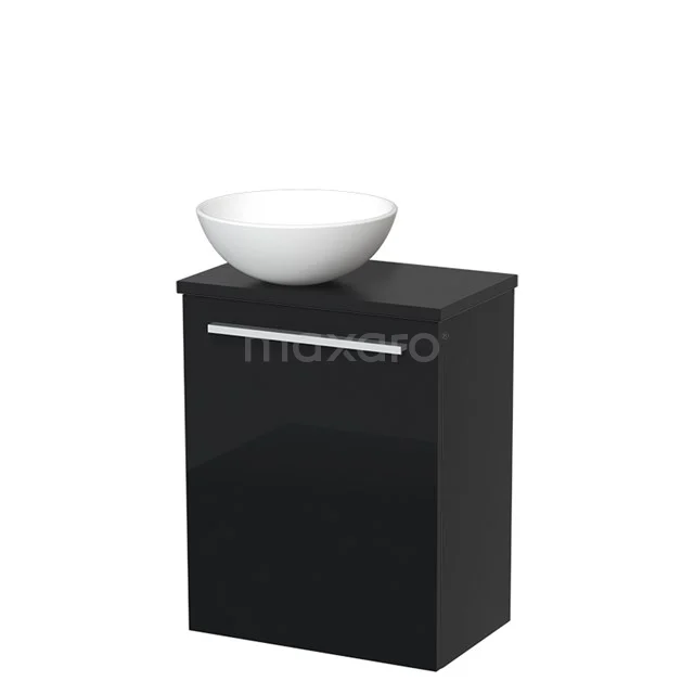 Black bathroom cabinet with glossy finish and white ceramic basin, ideal for a modern bathroom setup.