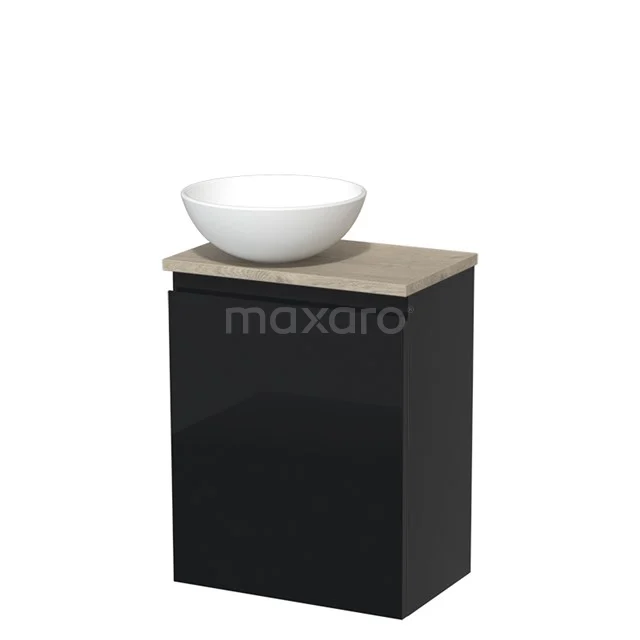 Black bathroom unit with wood-look worktop, ceramic countertop wash basin and modern finish; compact and stylish for smaller bathrooms.
