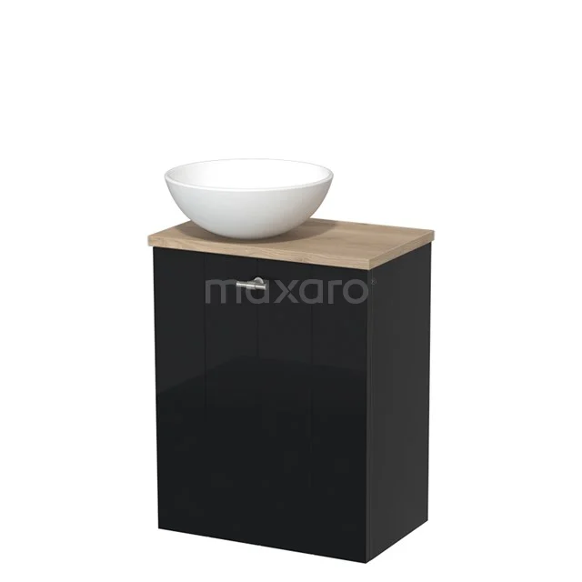 Black bathroom unit with basin bowl, wood-look worktop and glossy finish, ideal for modern bathroom design.