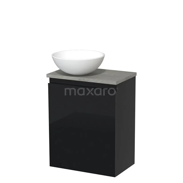 Black bathroom cabinet with matte grey top and white ceramic countertop wash basin, compact design for modern bathrooms.