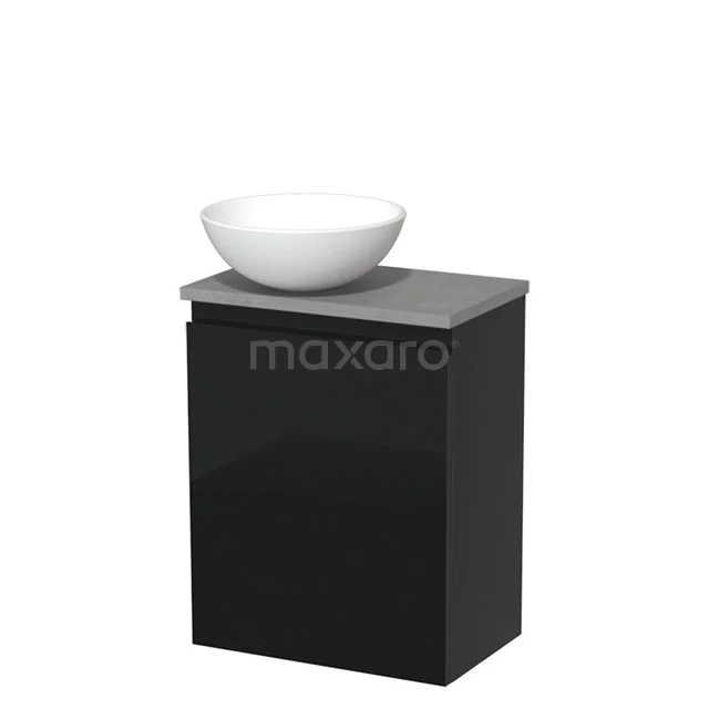 Black bathroom cabinet with grey stone countertop wash basin worktop and white round basin, modern design for compact bathrooms.