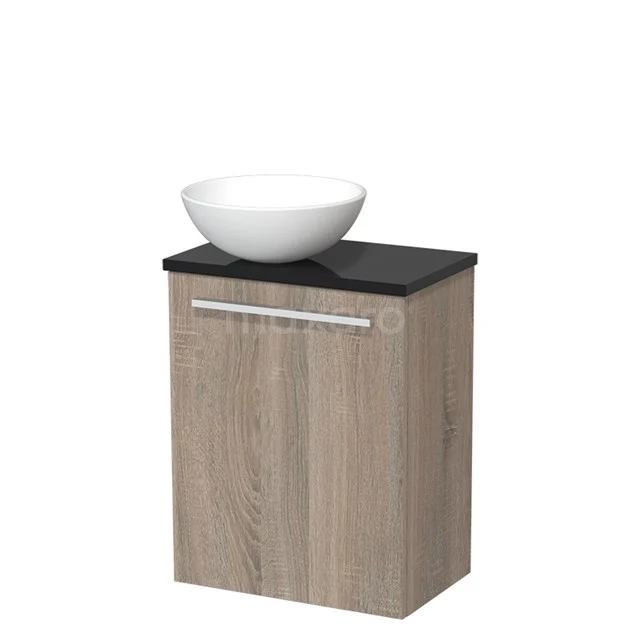 Compact bathroom unit wood-look, black top with white basin bowl; ideal for modern bathroom design.