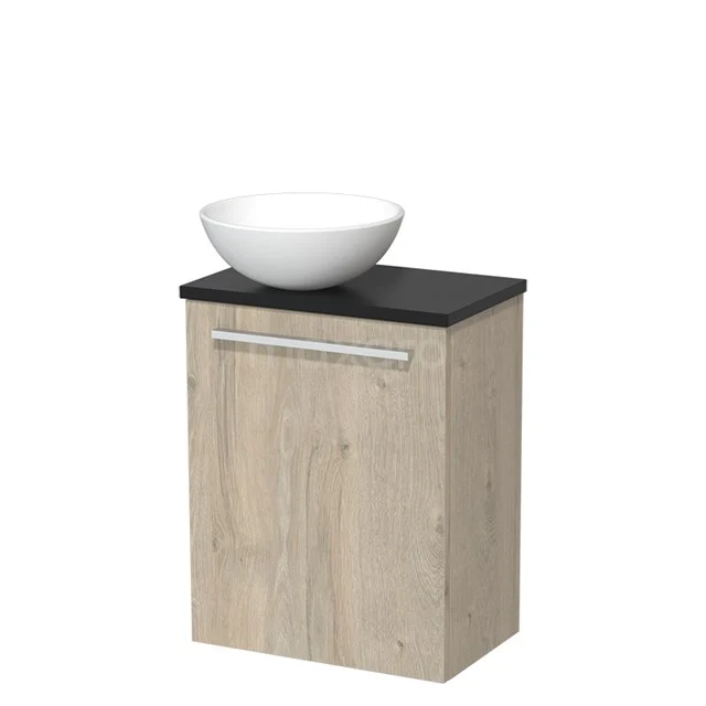 Toilet unit with wash basin | 41 cm Light grey oak Flat front Matte white Ceramic Countertop wash basin Matte black worktop TMK10-03785