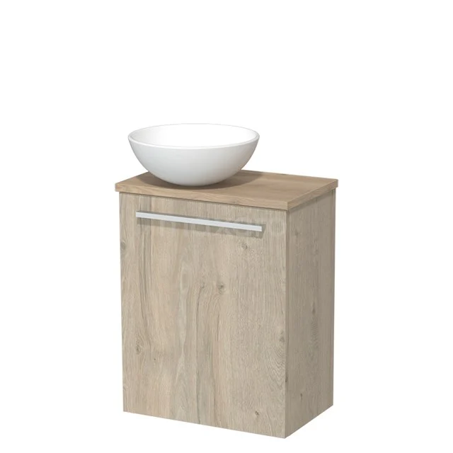 WC-Möbel mit Aufsatzwaschbecken | 41 cm hellgraue Eiche glatte Front Matt Weiß Keramik-Aufsatzwaschbecken hellbraune Eiche TMK10-03799 Badschrank mit Waschbecken, Holzlook Eiche Oberfläche, kompaktes Design für moderne Bäder.