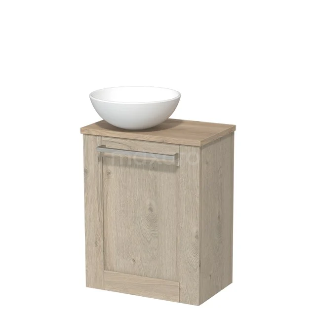 Toilet unit with countertop wash basin | 41 cm Light grey oak Front Matte white Ceramic countertop wash basin Light brown oak worktop TMK10-03800