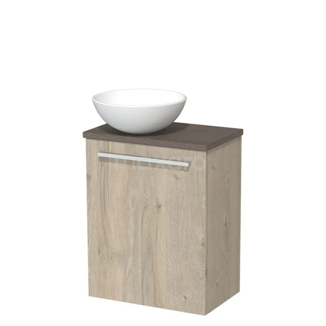 Toilet unit with wash basin | 41 cm Light grey oak Flat front Matte white Ceramic countertop wash basin Dark brown oak worktop TMK10-03803
