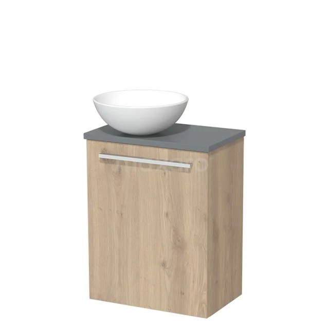 Holz-Badschrank mit grauer Platte und weißem Aufsatzwaschbecken, modernes Design und praktischem Stauraum.