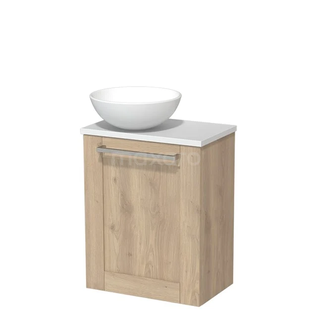 WC-Möbel mit Aufsatzwaschbecken | 41 cm Hellbraune Eiche Rahmenfront Matt Weiß Keramik Aufsatzwaschbecken Matt Weiß Platte TMK10-03818 Holz-Waschtisch mit weißem Keramik-Aufsatzwaschbecken, geeignet für moderne Bäder, kompaktes Design mit schmalem Griff.