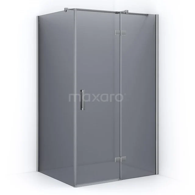 Glass shower enclosure with sliding door, angular design, grey tinted glass and chrome details; ideal for a modern bathroom.