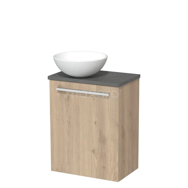 WC-Möbel mit Aufsatzwaschbecken | 41 cm Hellbraune Eiche Glatte Front Matt Weiß Keramik Aufsatzwaschbecken Dunkelgrauer Beton Platte TMK10-03835 Hölzerner Badschrank mit grauer Platte und weißem Aufsatzwaschbecken, modernes Aussehen für stilvolle Badezimmergestaltung.