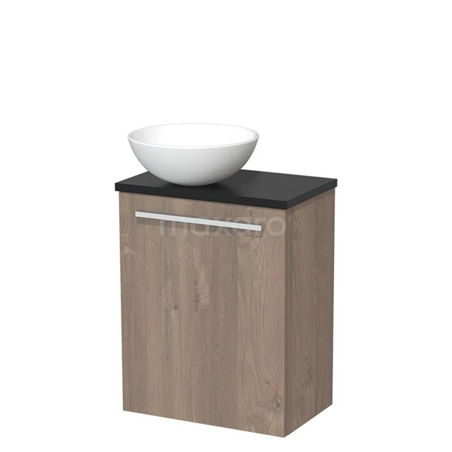 WC-Möbel mit Aufsatzwaschbecken | 41 cm Mittelbraune Eiche Glatte Front Matt Weiß Aufsatzwaschbecken aus Keramik Matt Schwarz Platte TMK10-03837 Holz Badschrank mit dunkler Platte und weißem Waschbecken, kompaktes Design, modern stilvoll für verschiedene Badezimmerinterieurs.