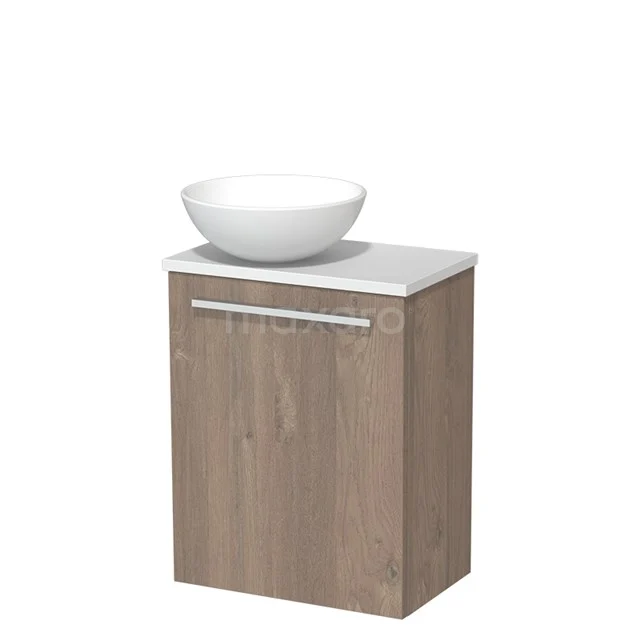 Toilet unit with wash basin | 41 cm Mid brown oak Flat front Matte white Ceramic countertop wash basin Matte white worktop TMK10-03843